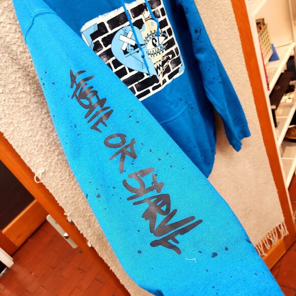 Hustle Or Starve Blue Hoodie Mens Medium Pullover Y2K Graphic Sweatshirt - Picture 5 of 8